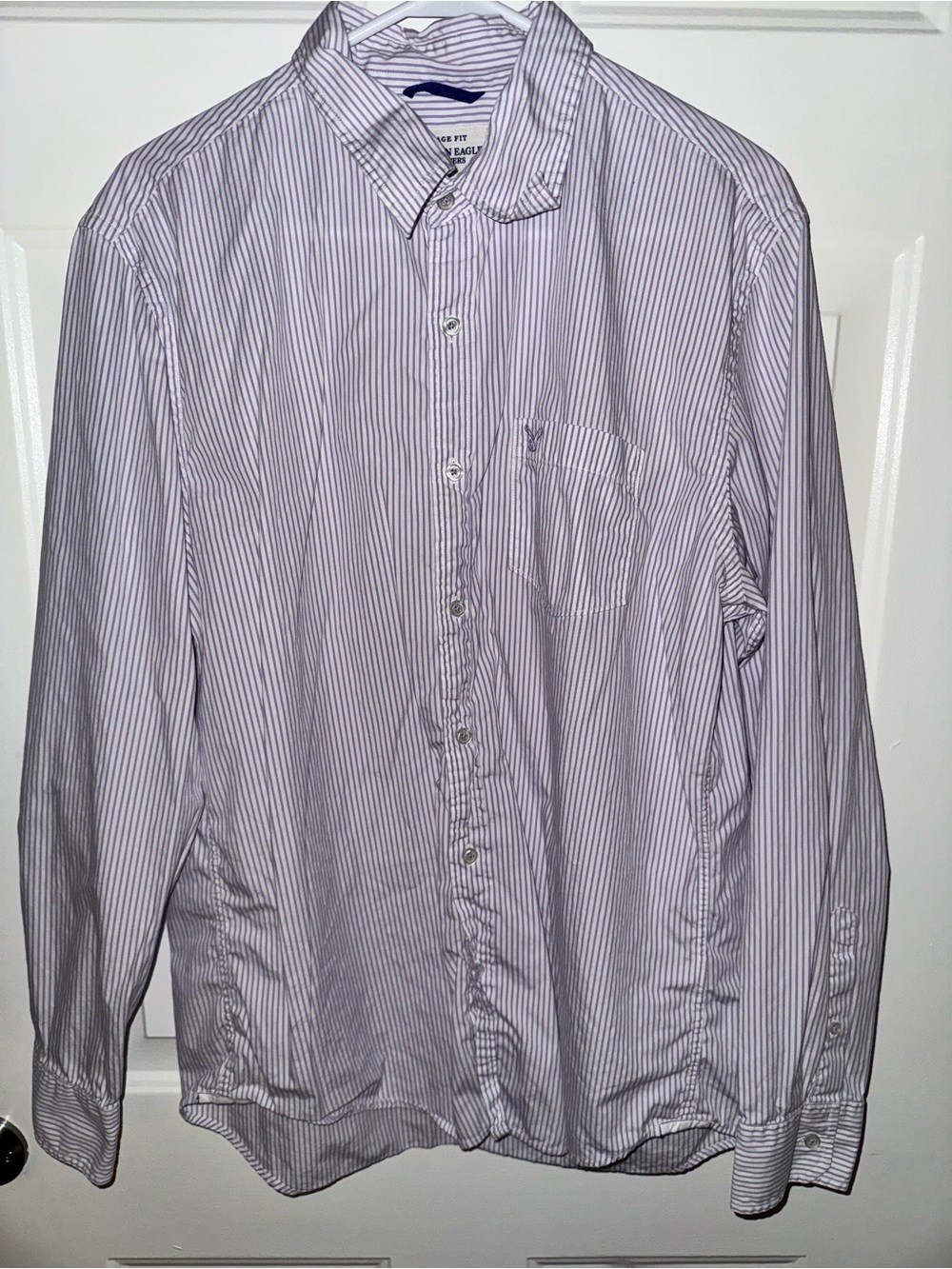 American Eagle Outfitters Men's White Shirt with Thin Blue Stripes